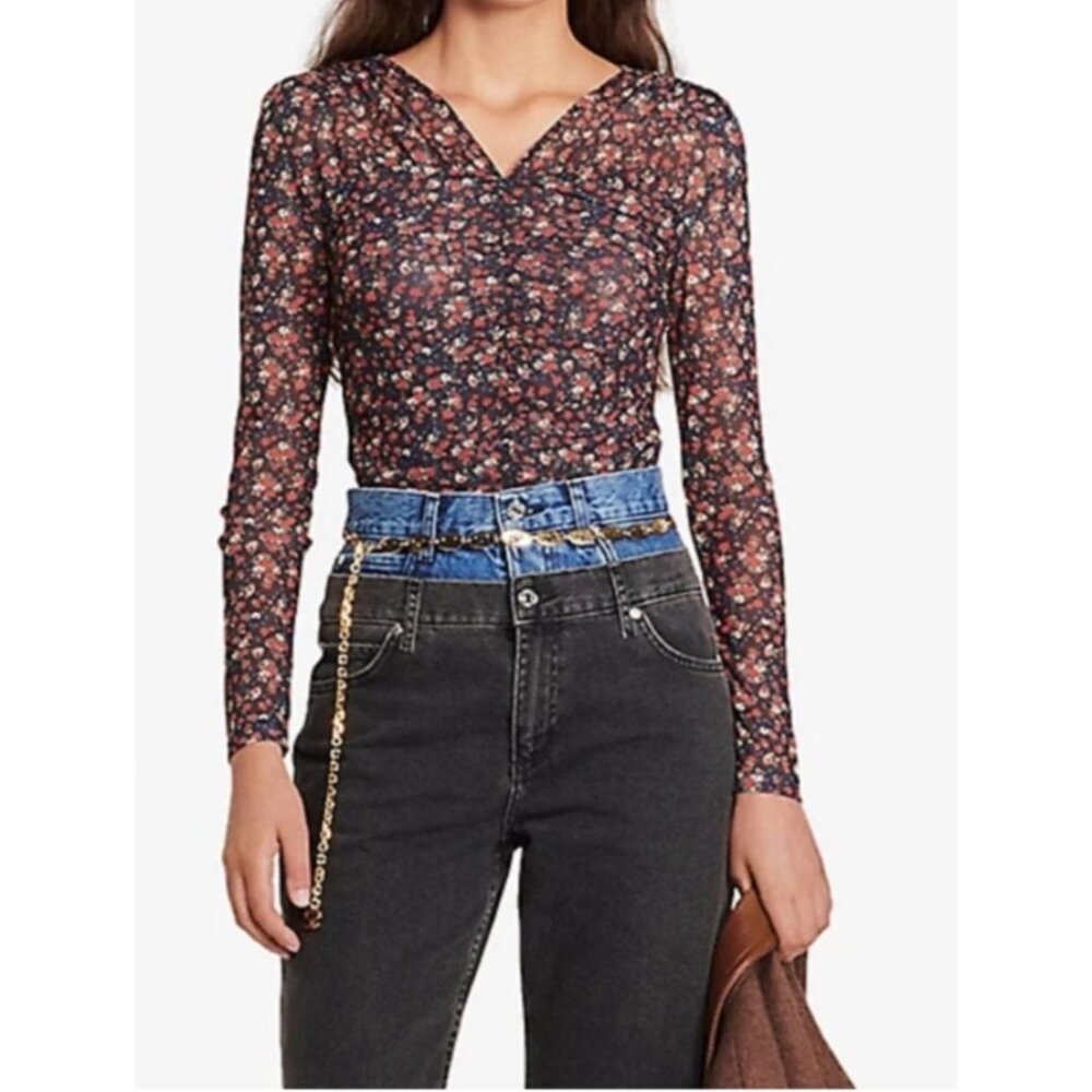 Sandro Bethanie Stretch Ruched Floral Sheer Long Sleeve Top View 3